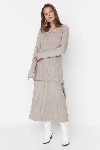 Trendyol Modest Mink Corded Sweater-Skirt Knitwear Set TCTAW23US00085