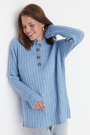 Trendyol Modest Pulover cu guler albastru din tricotaje cu coaste TCTAW23AK00035