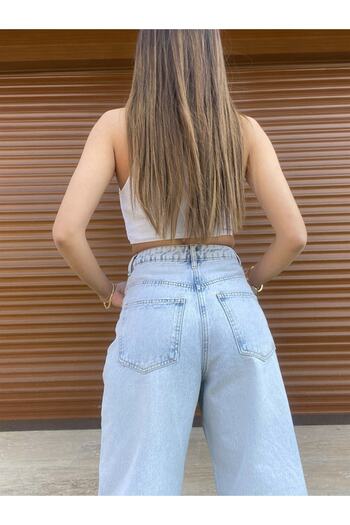 MAKRAS EXCLUSIVE Ela 90's Mavi Kar Yıkama Likralı Süper Yüksek Bel Salaş Paça Jeans Palazzo Pantolon