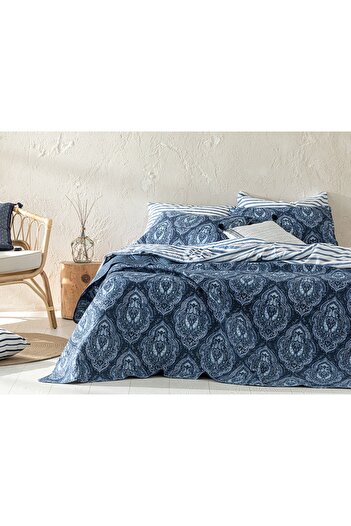 English Home Deep Damask Multi-Purpose Single Bedspread Set 160x220 Cm Navy Blue