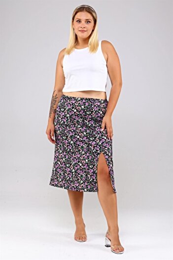 Seamoda Floral Patterned Slit Wrap Skirt-black