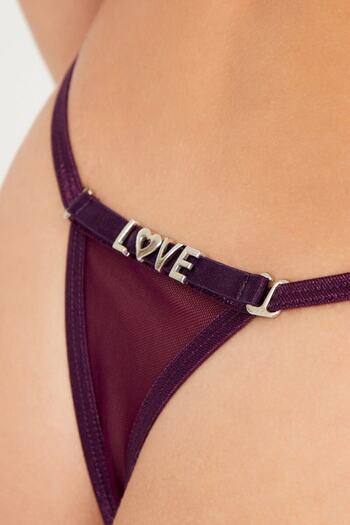 Cottonhill Plum Tulle Removable Love Writing Detailed Thong Panties