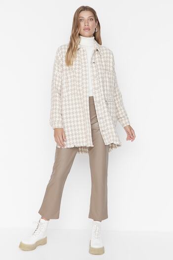Trendyol Collection Oversize Camel Tassel Thin Jacket - Crow's Feet Pattern, Twoss20Mo0058