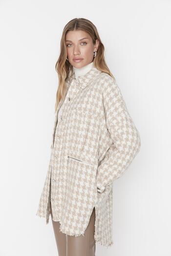 Trendyol Collection Oversize Camel Tassel Thin Jacket - Crow's Feet Pattern, Twoss20Mo0058