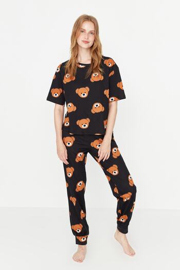 Trendyol Collection Černá bavlněná párová pyžamová souprava - medvídek, THMSS21PT0195