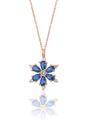 Zanaatsilver 925 Ayar Gümüş Zincirli Mavi Taşlı Rose Kaplama Lotus Kamelya Çiçeği Kolye