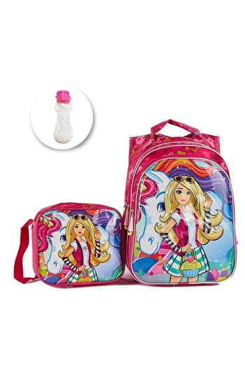 Mashotrend Mor Kumaş Renk Desenli Barbie Çanta + Beslenme + Suluk - Okul Çantası - Barbi Çanta
