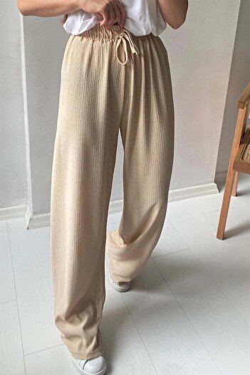 laughs Women's Elastic Waist Seersucker Loose Palazzo Trousers Pnt5210
