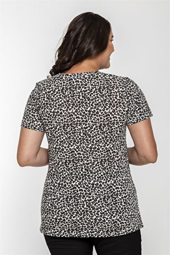 Seamoda V Yaka Çıtır Leopar Desen Tshirt-ekru