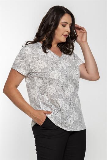 Seamoda V-Neck Lace Look Floral Pattern Viscose Combed Basic T-Shirt-ecru