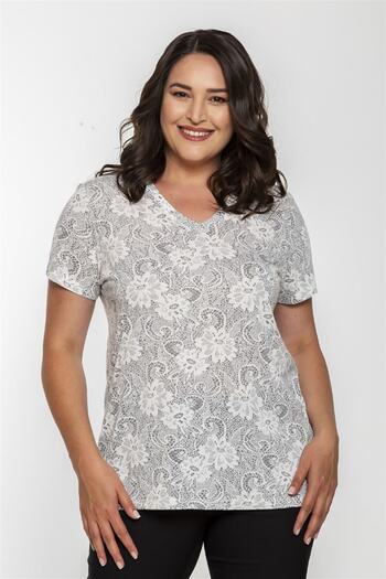 Seamoda V-Neck Lace Look Floral Pattern Viscose Combed Basic T-Shirt-ecru