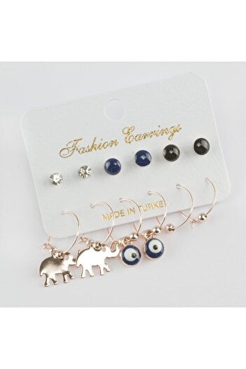 AKIN AKSESUAR HEDİYELİK Set of 12 Women's Rose Elephant Figured Evil Eye Beaded Hoop Earrings
