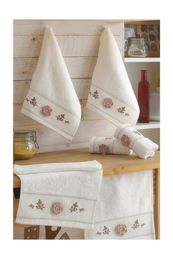 Fiesta 30 X 50 Feeling Bamboo Embroidered Hand Heat Lace Towel Set of 6 - Cream