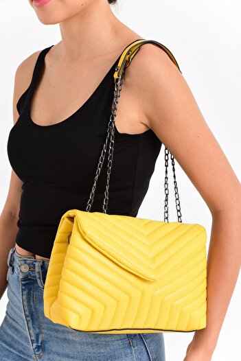 Bagzone V Embroidered Magnet Detailed Semi-Chain Strap Shoulder Bag