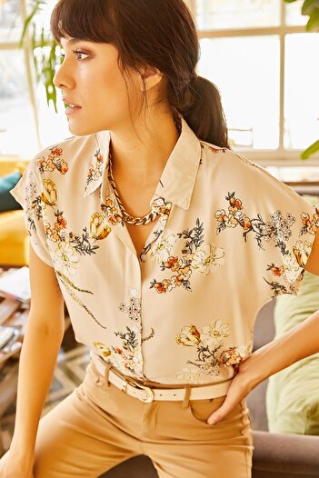 Olalook Women's Beige Floral Bat Viscose Shirt GML-19000613