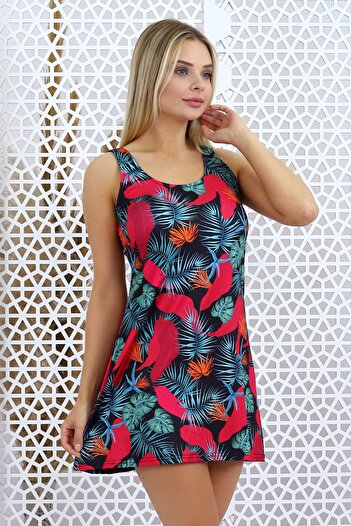Aykum Mayo Women's Black Patterned Shorts Dress Swimsuit