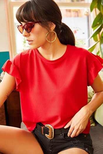 Olalook Women's Red Sleeve Frilly Camisole T-Shirt TSH-19000417