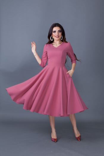 Bidoluelbise Γυναικείο Dusty Rose Midi φόρεμα με λεπτομέρεια σε V λαιμόκοψη