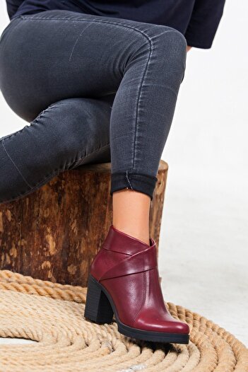 Deripabuc Genuine Leather Claret Red Women's Heeled Leather Boots Trc-3771