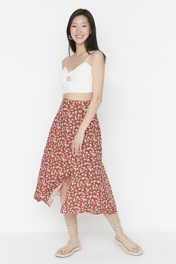 Trendyol Collection Tile Slit Detailed Floral Patterned Viscose Fabric Midi Length Woven Skirt Twoss20Et0230