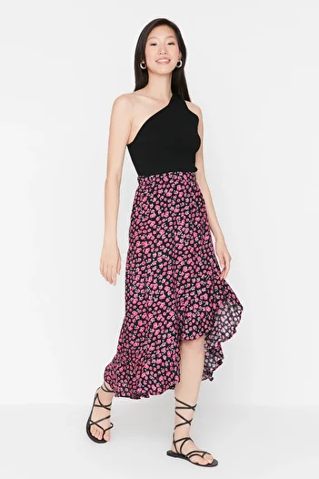 Trendyol Collection Pink Hem Asymmetrical Floral Patterned Viscose Fabric Midi Woven Skirt TWOSS20ET0166