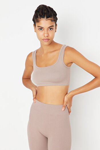 Trendyol Collection Bezszwowy/bezszwowy, lekko podtrzymujący/modelujący biustonosz sportowy z dzianiny taupe TWOSS21SS0008