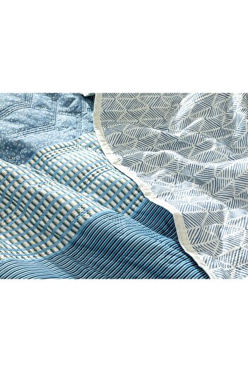 English Home Patchy Stripe Patchwork Çok Amaçlı Tek Kişilik Yatak Örtüsü Takımı 160x220 Cm Mavi