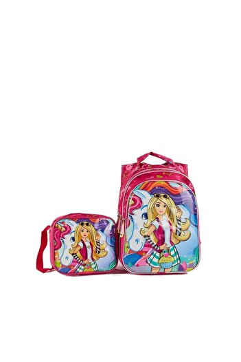 Mashotrend Mor Kumaş Renk Desenli Barbie Çanta + Beslenme + Suluk - Okul Çantası - Barbi Çanta