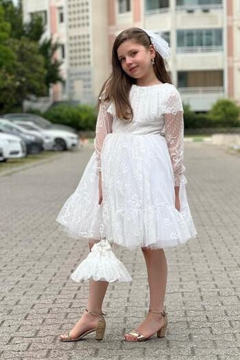 ABİYEKİDS Παιδικό βραδινό φόρεμα με λευκή δαντέλα τσάντα για ηλικίες 6/13