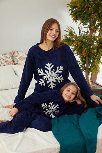 Siyah İnci Navy Blue Embroidered Bottom-Top Wellsoft Pajama Set