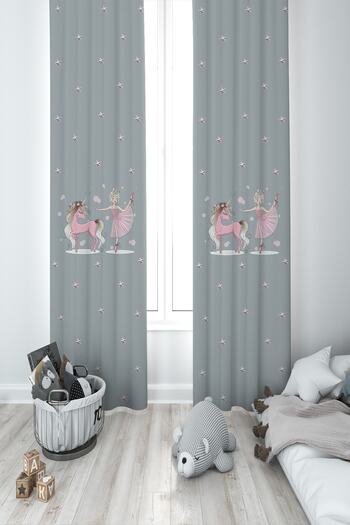 BAMBAŞKA MODA Gray Unicorn and Ballerina Patterned Children's Room - Two Wing Background Curtain Bmfp-326