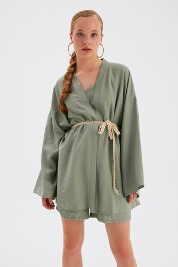 Sateen Πράσινο Casual Kimono - Λεπτομέρεια Κορδόνι