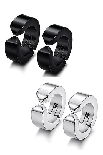 The Collection Unisex Compressed Unisex Non-Hole Steel Hoop Earrings - 2 Pairs Sold