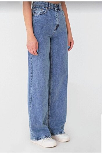 LİMABEL Bade X Dark Blue Snow Wash Loose Palazzo Wideleg Jean Power Lycra Women's High Waist
