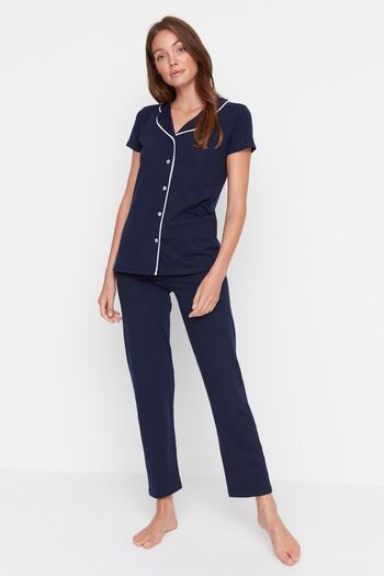 Trendyol Collection 100% bavlna námořnická modř detail pyžamový set – košile a kalhoty Thmaw22Pt1038