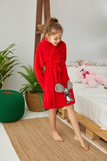 Siyah İnci Red Embroidered Hooded Wellsoft Dressing Gown