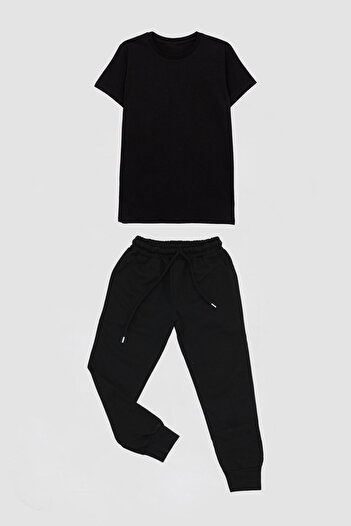 Çiggo Kids Unisex Black Sweatpants And Plain Black Cotton T-Shirt