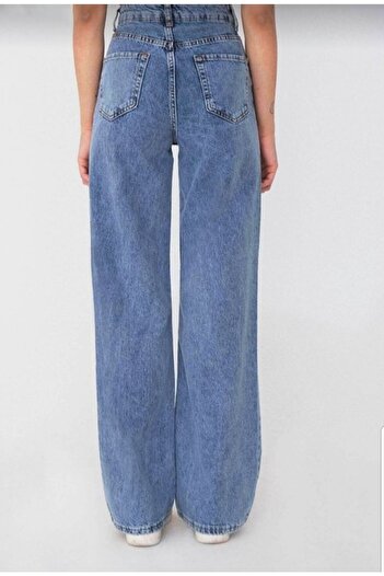 LİMABEL Bade X Dark Blue Snow Wash Loose Palazzo Wideleg Jean Power Lycra Women's High Waist