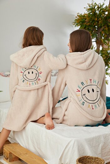 Siyah İnci Cream Embroidered Hooded Wellsoft Dressing Gown