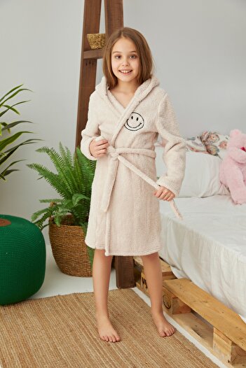 Siyah İnci Cream Embroidered Hooded Wellsoft Dressing Gown