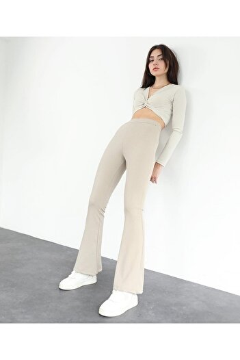 AÈC PRIVÈ Women's Stone High Waist Ribbed Flared Leg Leggings Trousers