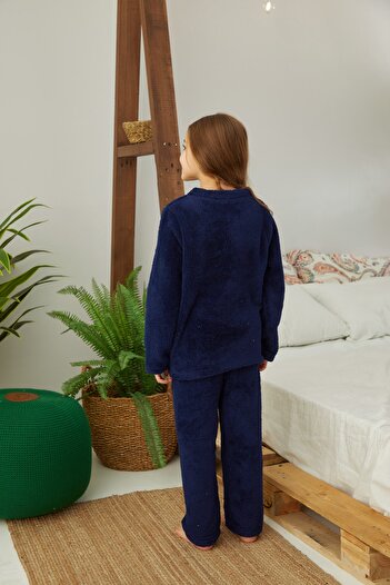 Siyah İnci Navy Blue Embroidered Bottom-Top Wellsoft Pajama Set