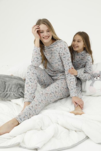 Siyah İnci Hooded Bottom-Top Fleece Pajama Set