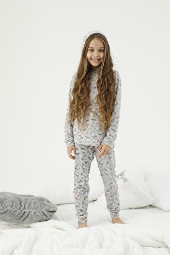 Siyah İnci Hooded Bottom-Top Fleece Pajama Set