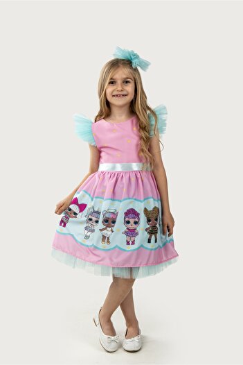MiniBal Pembe Bebek Desenli Tül Detaylı Kız Çocuk Parti Elbisesi