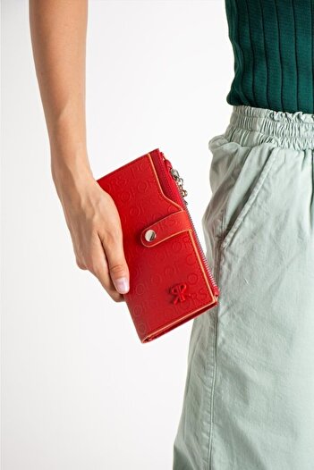 Paul Brand Red Women's Print Patterned Lock Detailed Card Holder Wallet Pbu8020