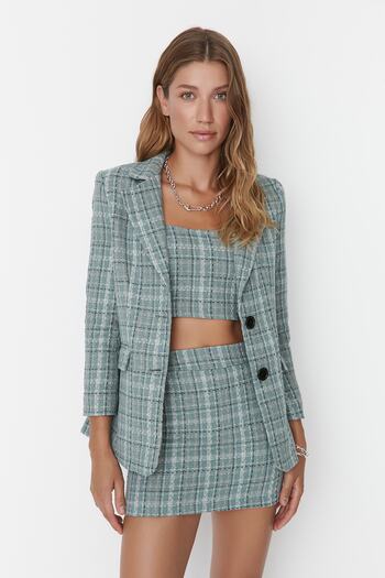 Trendyol Collection Menta kockás normál bélésű kockás szőtt kabát TWOAW23CE00094