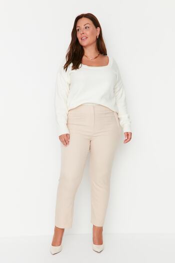 Trendyol Curve Beige Cigarette Die Collet High Waist Ankle Length Woven Fabric Pants Tbbaw23Ar00015