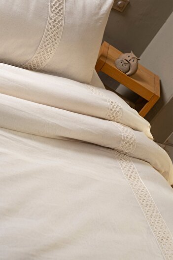 vivamaison Raw Linen Lace Single Duvet Cover Pillow Set 160x220 Cm