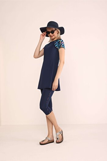 TESMAY Women's Navy Blue Short Sleeve Hijab Swimsuit with Tights and Bonnet Set Short Sleeve Swimsuit